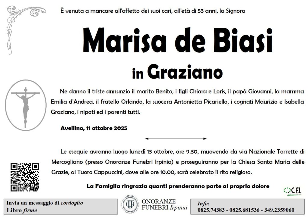 Manifesto funebre di Marisa de Biasi